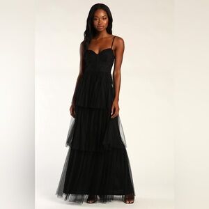 Lulus Tulle-y Amazing Black Tulle Sleeveless Bustier Maxi Dress Size Large NWT